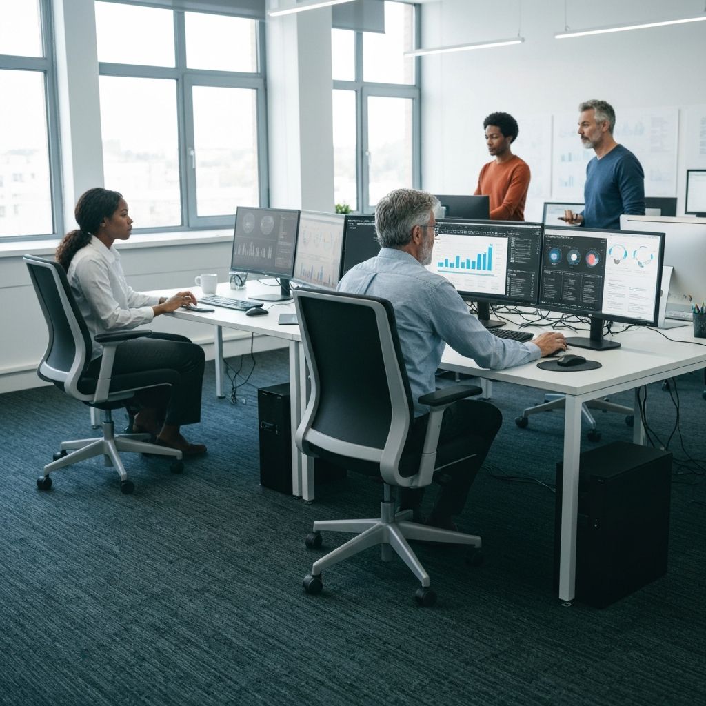 Modern office workspace showing a team collaborating on AI and digital transformation projects
